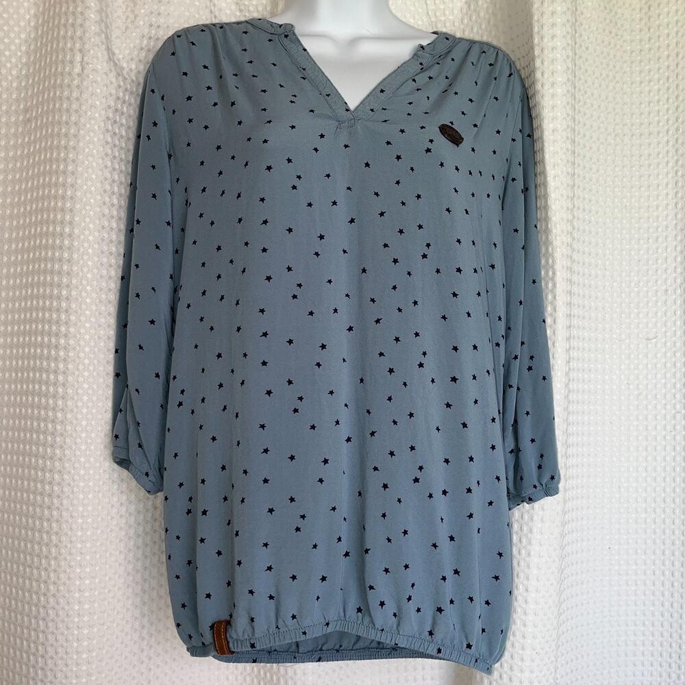 Naketano Brave New Word Star Print Blouse XS Blue Black Stars